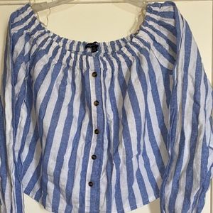 Off the shoulder - White/Blue Striped Blouse (Linen Feel)